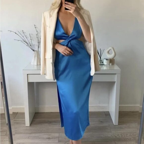 Zara Satin Effect Cut Out Maxi Dress Blue Bloggers Fav Size Small - Picture 6 of 14